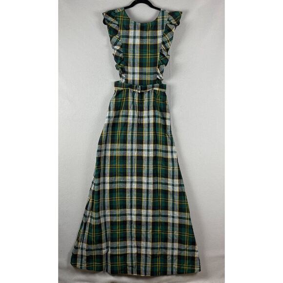 Vintage Tartan Ruffle Pinafore Dress Womens XS Maxi Plaid Scottish Academia Twee - Picture 8 of 16
